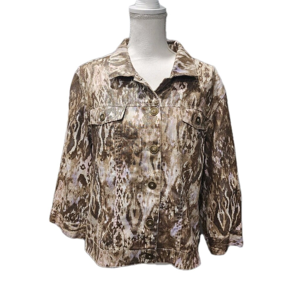CHICOS Jacket Womens Size 2 Denim Gold Metallic Button Up Linen Cotton Blend